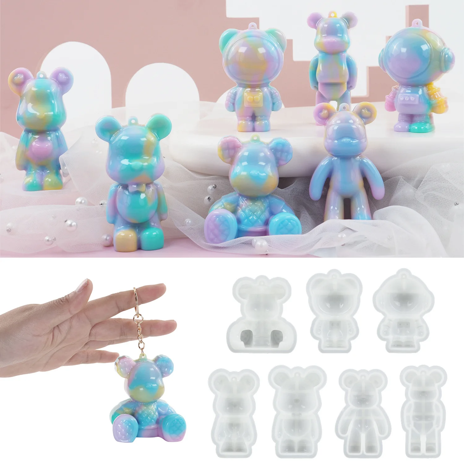 

DIY Crystal Epoxy Silicone Mold Cute Sitting Stand Bear KeyChain Mold with Hole Jewelry Pendant Mirror Silicone Mould For Resin