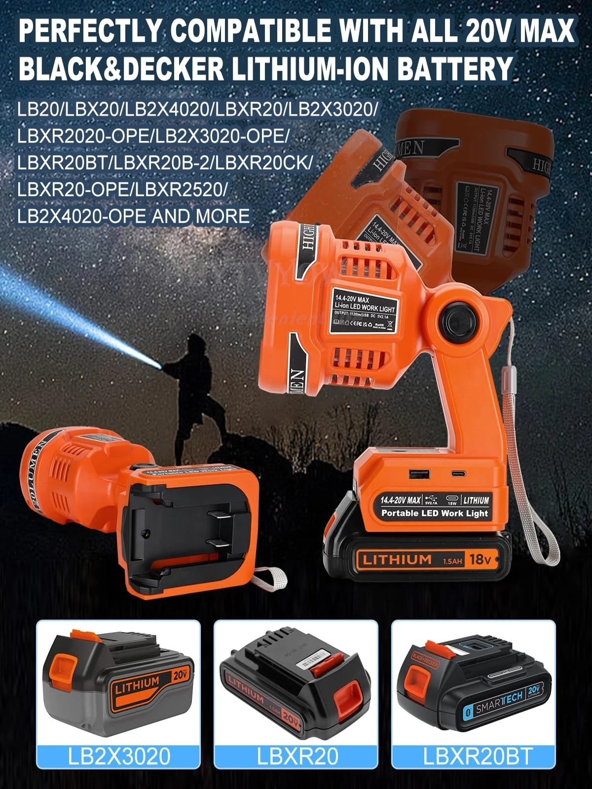 1120LM Cordless LED Flashlight for Black and Decker 20v Battery LED Work Light w