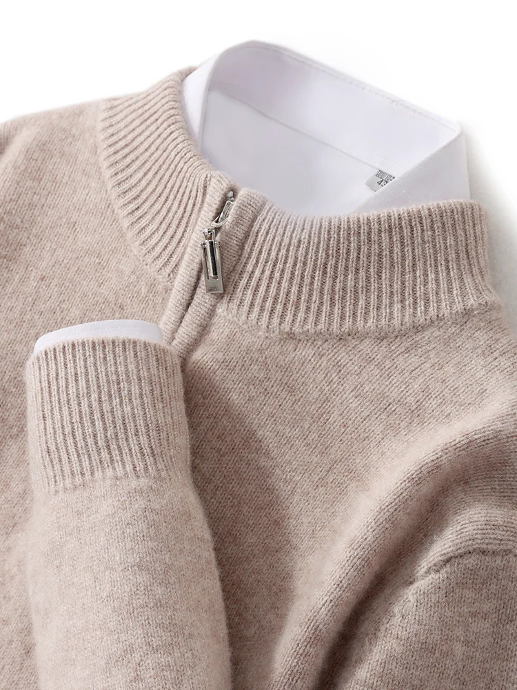 Men Mock Neck Zipper Sweaters 100% Merino Wool Pullover Casual Fashion Clothing Autumn Winter Thick Cashmere Knitwear Tops