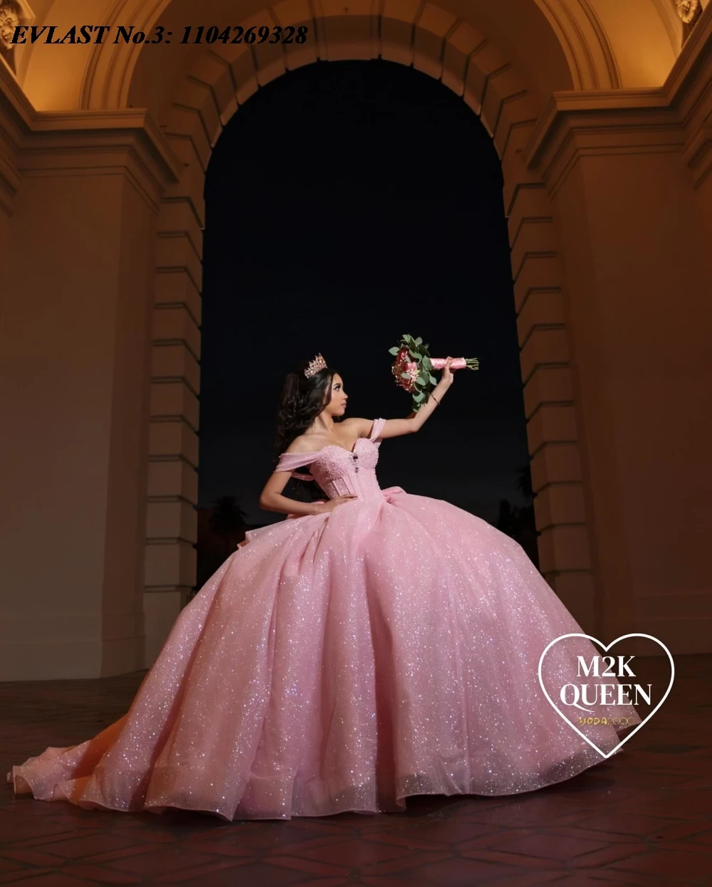 EVLAST Pink Quinceanera Dress Ball Gown Shiny Applique Beading Bow Mexico Corset Sweet 16