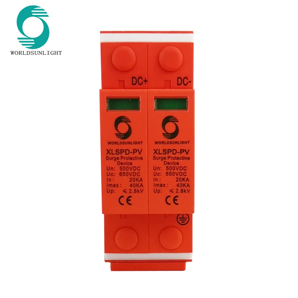 Worldsunlight TUV CE SPD DC 2P DC1000V/800V/600V/500V PV 2P 3P 40kA DC Surge Protector for Solar System Protection surge protector