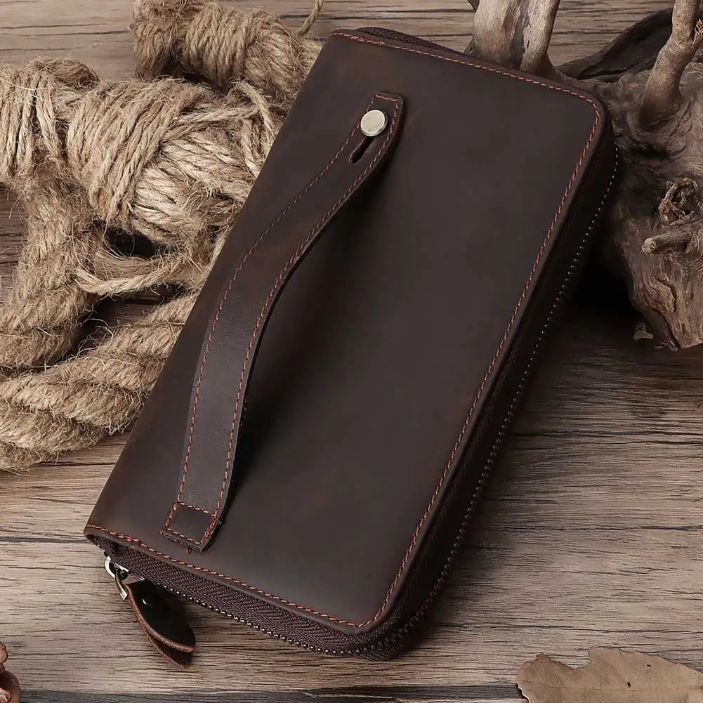 HUMERPAUL Long Wallet for Men Crazy Horse Leather Mobile Phone Purse RFID Protect Card Holder Multifunctional Handle Clutch Bag images - 6