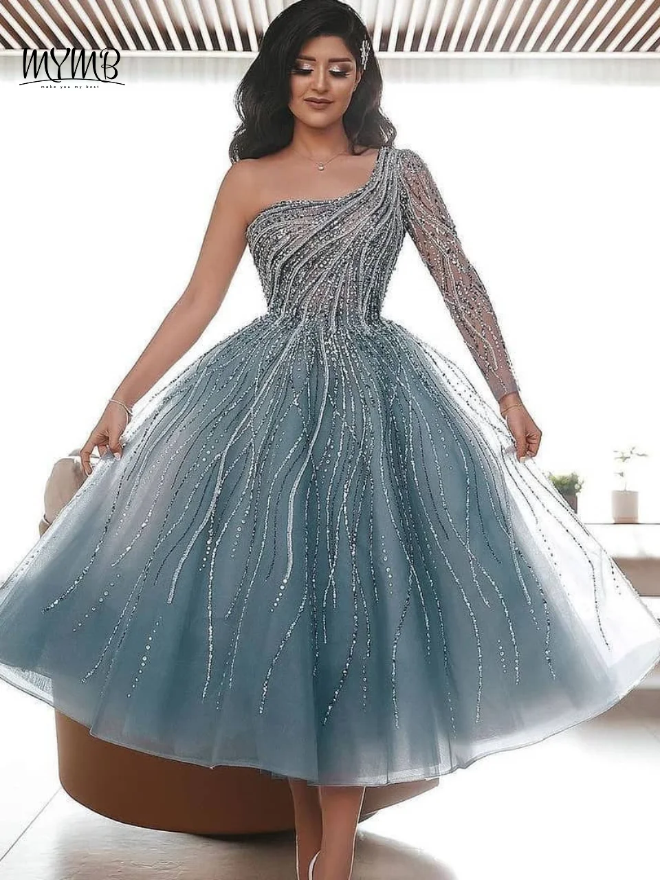 MYMB Atemberaubendes, schulterfreies, bauschiges A-Linien-Abendkleid für Hochzeit, Grün, Dubai, langärmelig, Mädchen-Quinceanera-Kleider DJD0512 – Detail 3