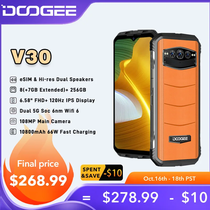 DOOGEE V30 Dual 5G Rugged Phone eSIM 6.58FHD 120Hz Display Dimensity 900  8+256GB 10800mAh 108MP Camera Dual Speakers Cell Phone