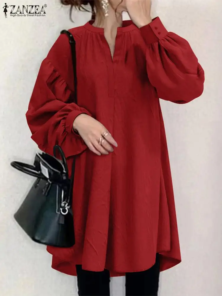 

ZANZEA Woman Fashion Holiday Blouse Long Sleeve V-Neck Tunic Tops Elegant Solid Color Blusas Mujer Female Casual Shirt Oversized