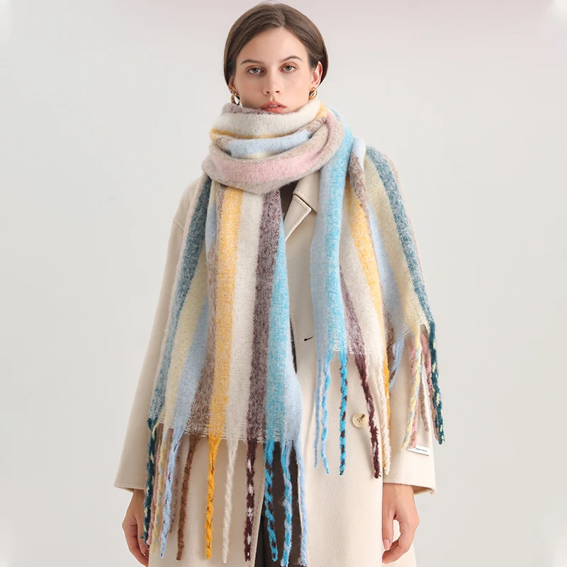 

Warm Rainbow Striped Print Cashmere Blanket Scarf Women 2023 Winter Thick Pashmina Wraps Female Travel Casual Bufanda Echarpe