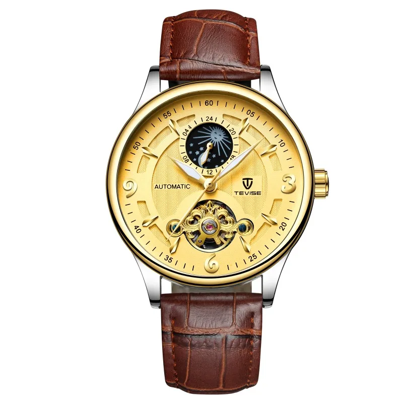 

Men's Leather Tourbillon Automatic Mechanical Watch Moon Phase Display Glow-in-the-dark Waterproof Sports Watch