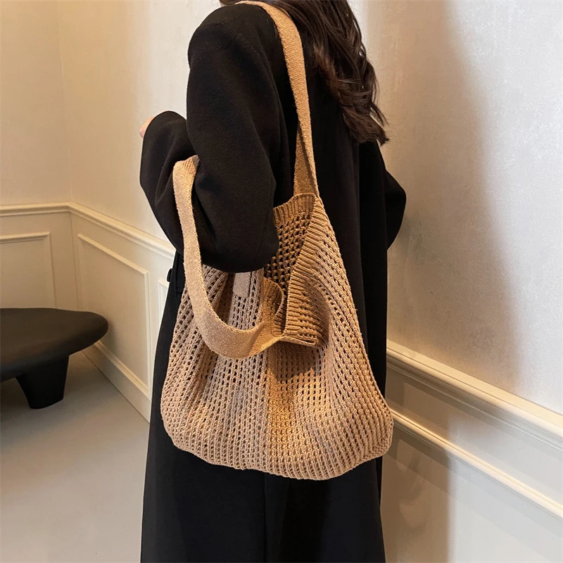 Knitted Large Capacity Handbag Summer Travel Tote Casual Beach Bag Fashion Hollow Design Woven Women Shoulder Bag