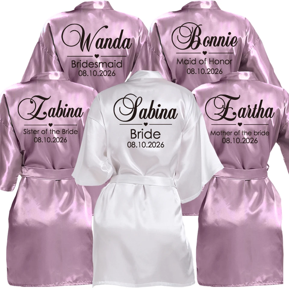 Customized Name Date Wedding Bathrobe Faux Silk Bridal Robe