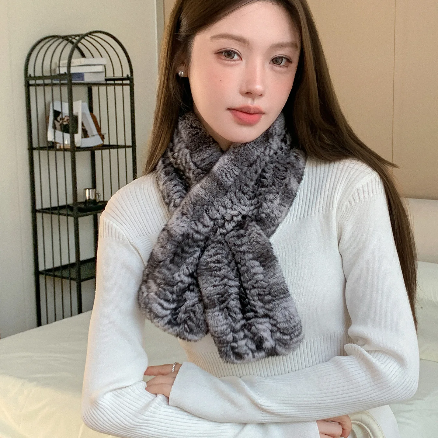 Winter Doppelseitig Gestrickte Echt Rex Kaninchen Pelz Kragen Schal frauen Herbst Winter Warme Chinchilla Farbe Pelz Wraps – Detail 6