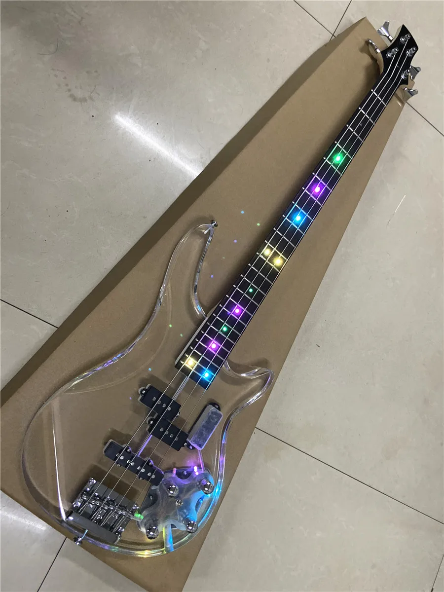 High quality acrylic crystal transparent Plexiglass 4 string electric bass color led lights Free shipping
