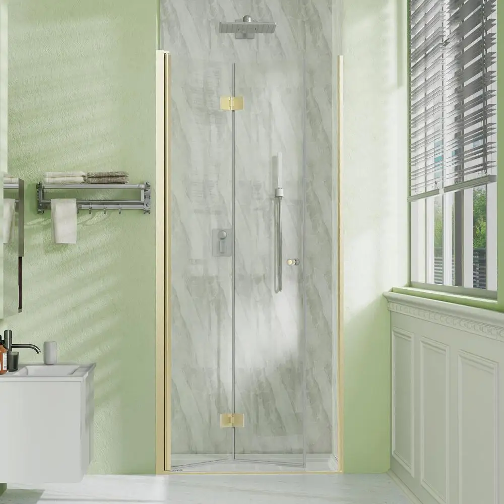 Frameless 32" W x 72" H Bifold Hinged Glass Shower Door Brushed Gold Left Installation Waterproof Seal Easy Entry and Exit 3