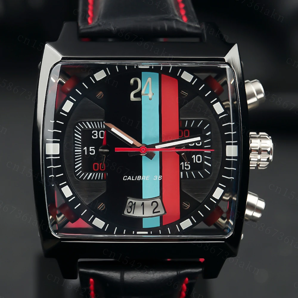 2022Fashion New Men's Color Bar Square Dial Sapphire Mirror Stainless Steel Leather Strap Sports Leisure Waterproof Quartz Watch