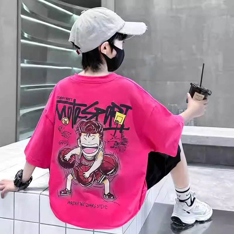 Boys Summer Short Sleeve Basketball Print T-Shirt Trendy Streetwear for Middle And Big Kids Cotton Material round Neck Design - 2
