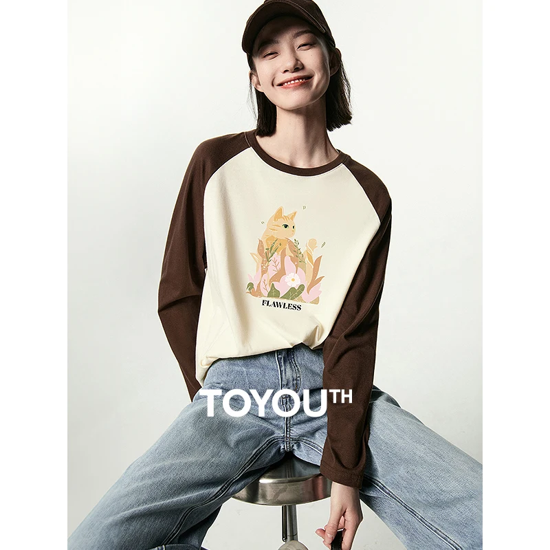 

TOYOUTH Women Tees 2024 Spring New Long Sleeve Cartoon Pattern O Neck Contrast Raglan Sleeves T-shirt 3 Color Comfortable Tops