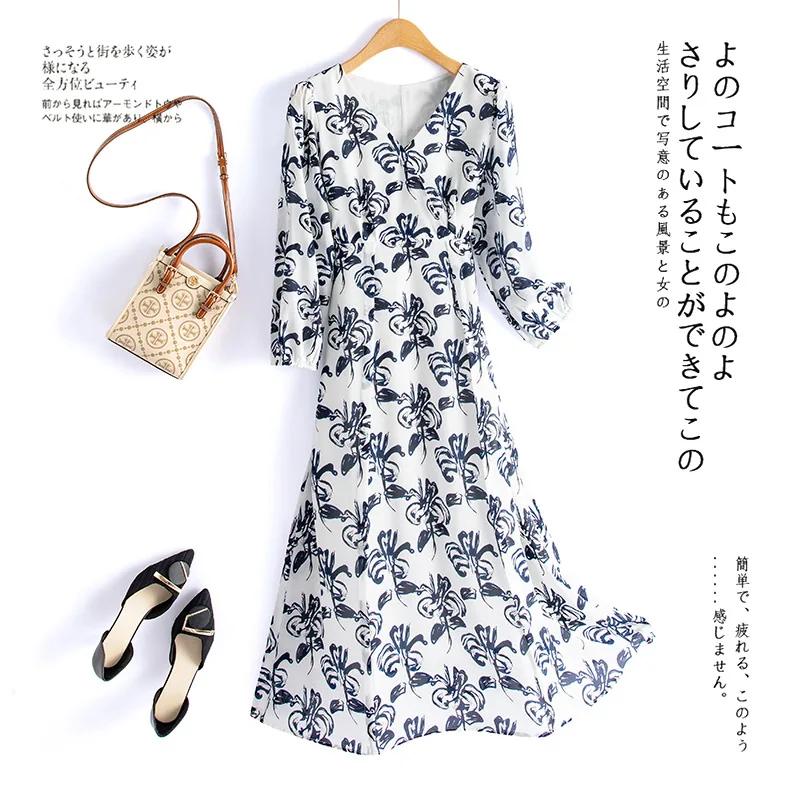 

Платье женское из 100% натурального шелка тутового шелкопряда с V-образным вырезом и цветочным принтом