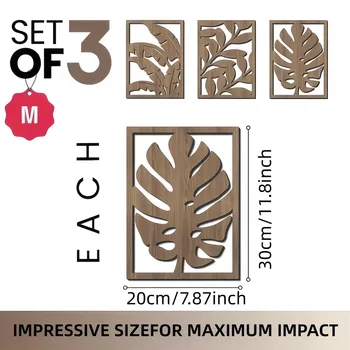 3Pcs Boho Tropical Leaves Wooden Wall Stickers, Modern Home Wall Decor 1