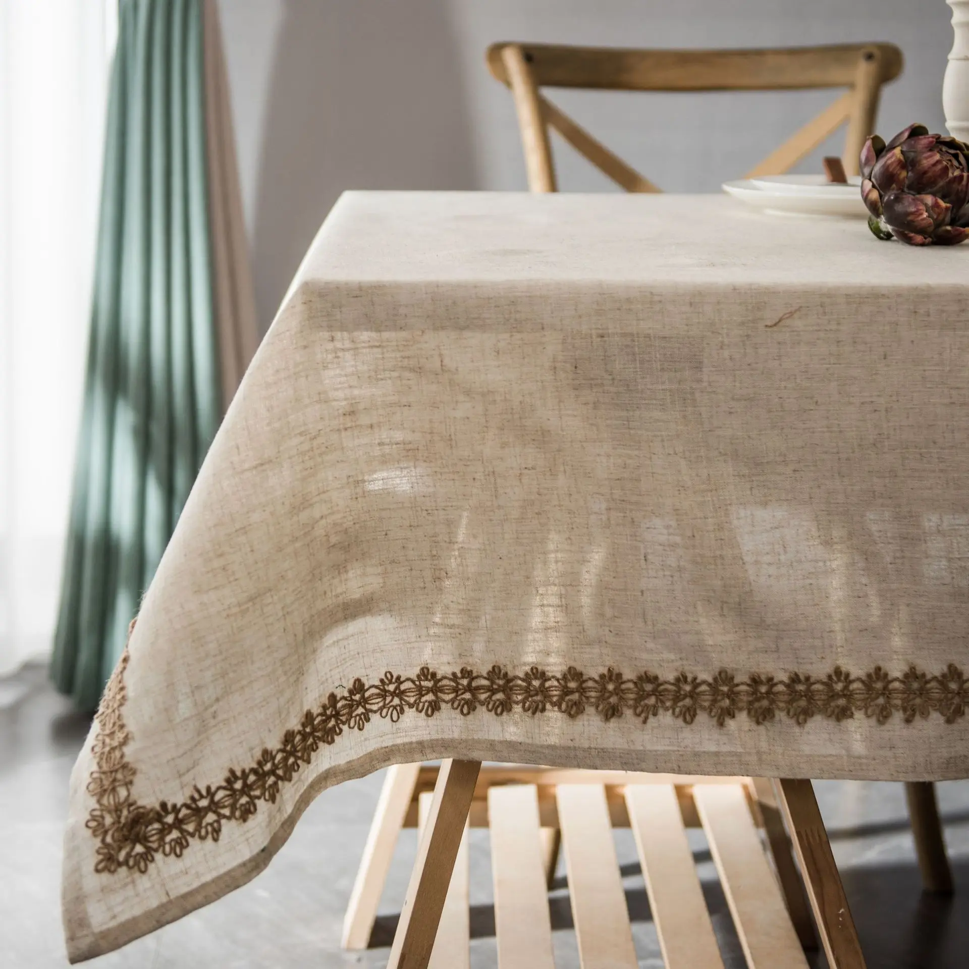 

Rectangular Linen Tablecloth with Twine Lace, Polyester, American Table Cloth, Tea Table Cloth