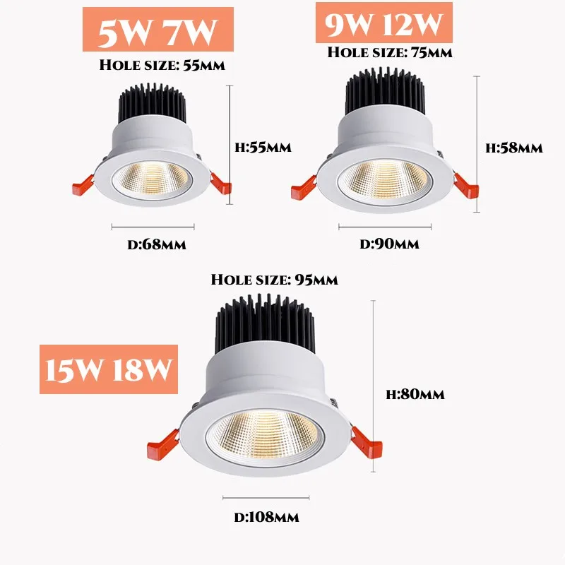 디밍이 가능한 매입형 COB LED 다운라이트 5W 7W 9W 12W 15W 18W LED 천장 스포트라이트 AC85265V LED 천장 조명 실내 조명