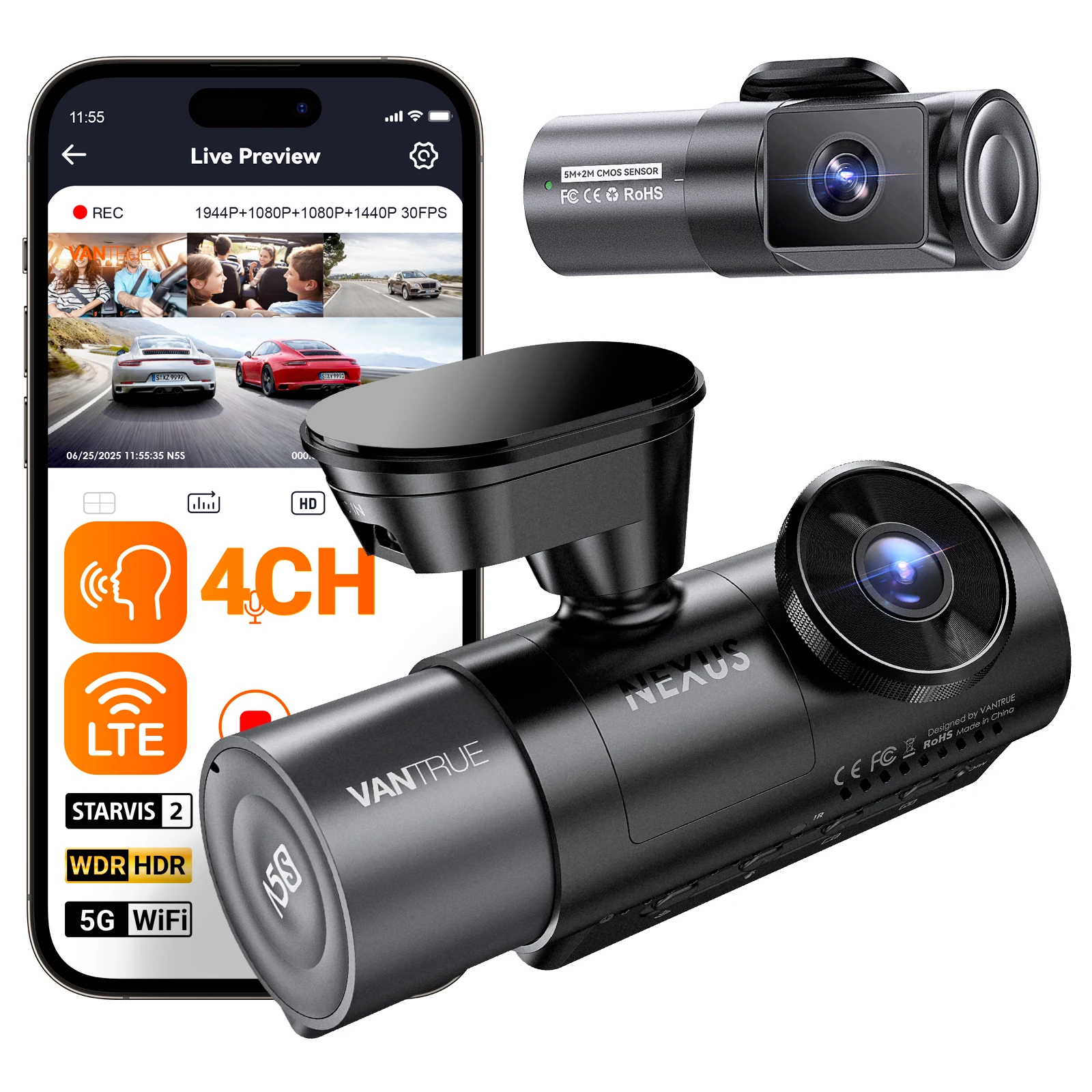 Vantrue N5S DashCam 4 ערוץ WiFi 360 מעלות STARVIS 2 ראיית לילה IR LTE תמיכה בשליטה קולית מצב חניה 24 שעות