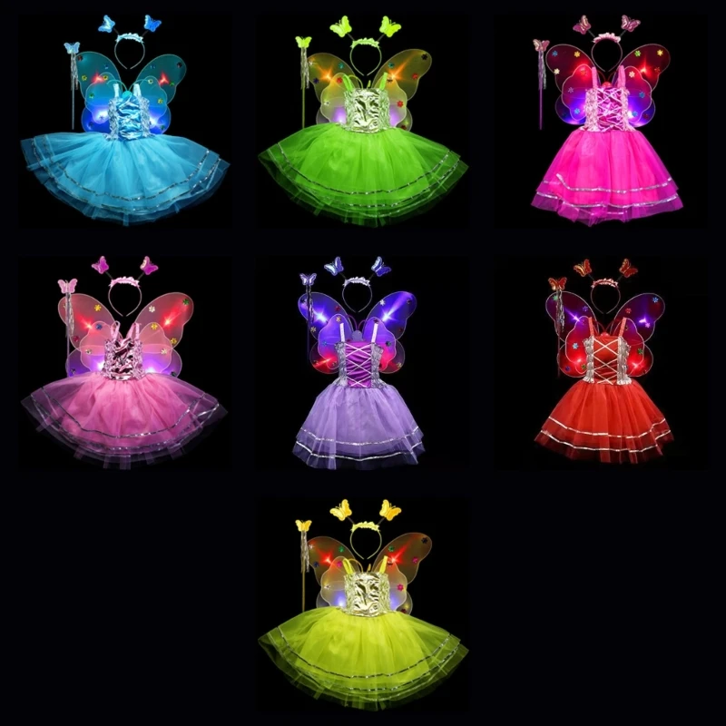

4pcs Kids Girls Fairy Party Costume Set Sleeveless Tutu Dress LED for butterfly