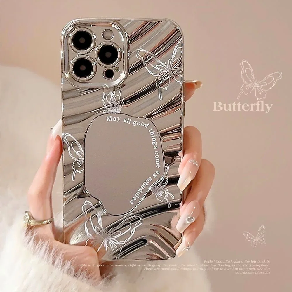 Electroplated Mirror Pink Butterfly Phone Case For iPhone 16 13 11 12 14 15 Pro Max Luxury Plating Wavy Shockproof Makeup Cover