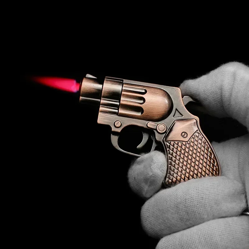 Mini Pistol Lighter Revolver Gas Inflatable Jet Flame Windproof Lighters Metal Keychain Pendant Lighter Gun Gift No Gas
