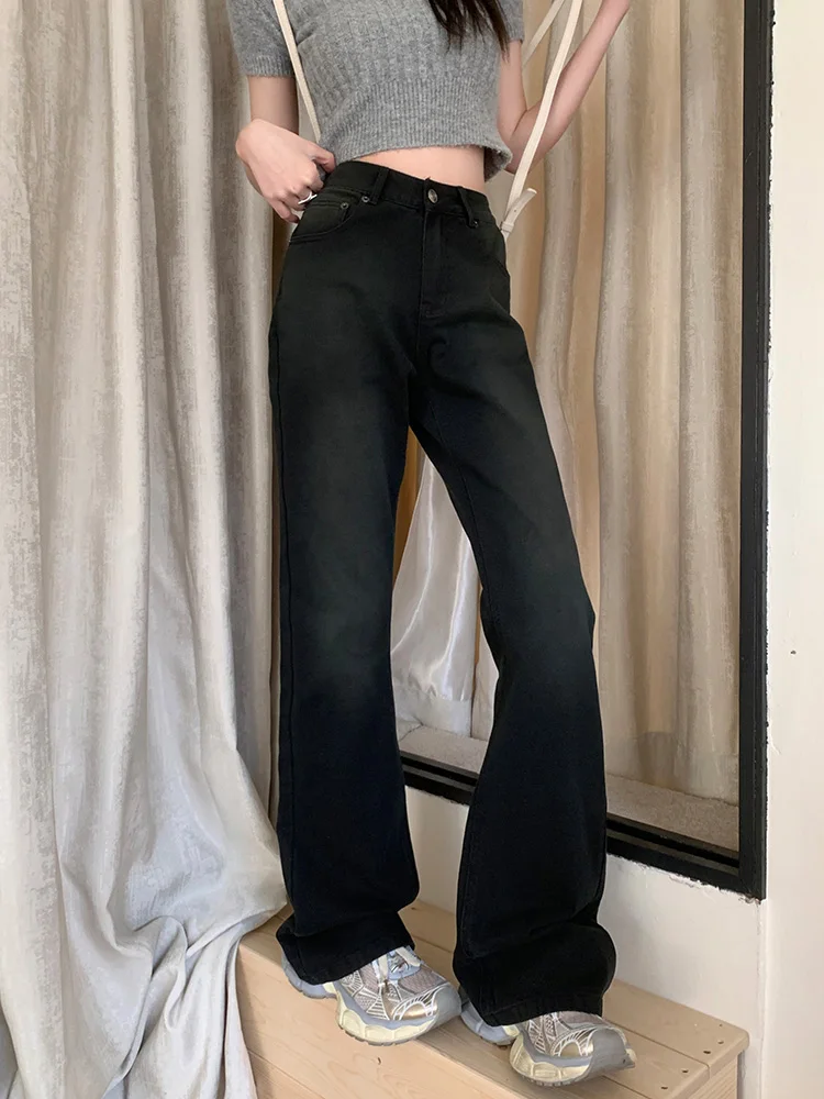 

Benuynffy American High Street Retro Jeans Women's Spring Black High Waist Loose Flare Pants Korean Style Fashion Y2k Streetwear