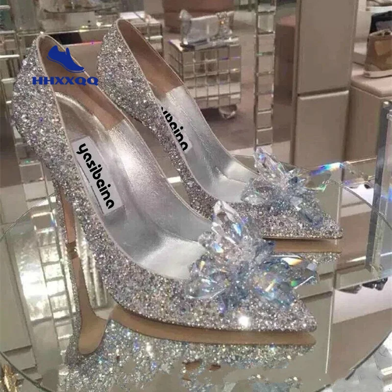 

Новинка туфли Золушки с кристаллами на каблуке женские пикантные туфли с острым носком на высоком каблуке женские Серебристые свадебные туфли Стразы