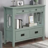 Farmhouse Pine Wood Console Table with 4 Drawers & 1 Storage Shelf - Retro Blue 3