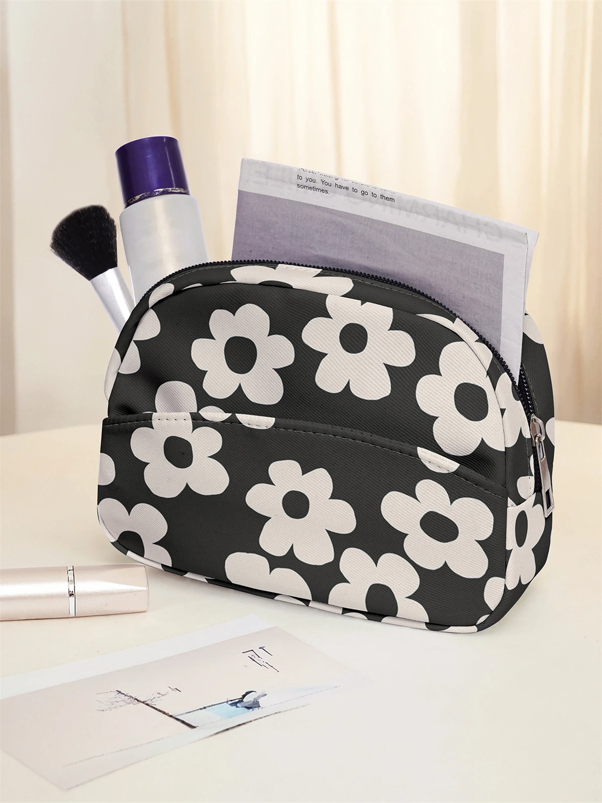 Floral pattern printed makeup bag, multi pocket design, portable toiletry bag, lightweight, suitable for travel and outings