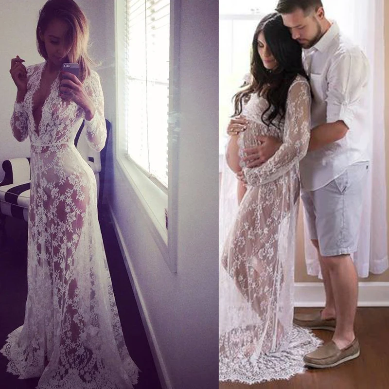 

Maternity Deep V-Neck Split Front See-Through Maxi Lace Dress for Photography with Long Sleeve