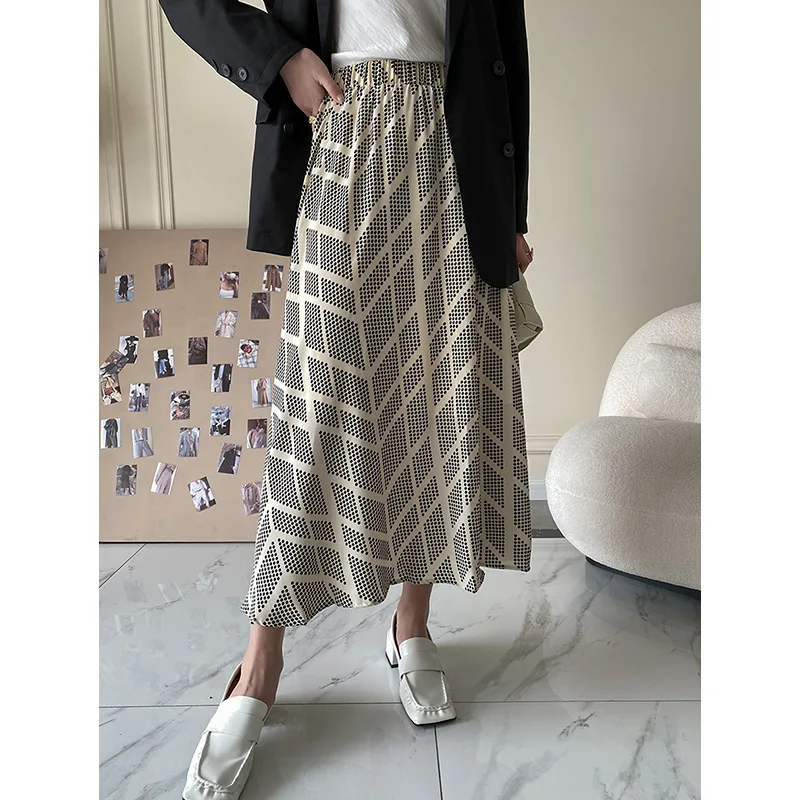 2022 Spring New Korean Fashion Vintage Print Skirts High Waist Slim A-line Drape Midi Skirt Office Lady Elegant All-match Faldas blue skirt Skirts