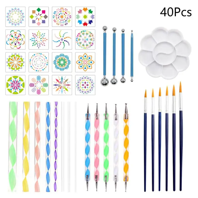 

37/40pcs Mandala Dotting Pen Handwork Tools Set for Rock Painting with Stencils Template Brush Paint Tray