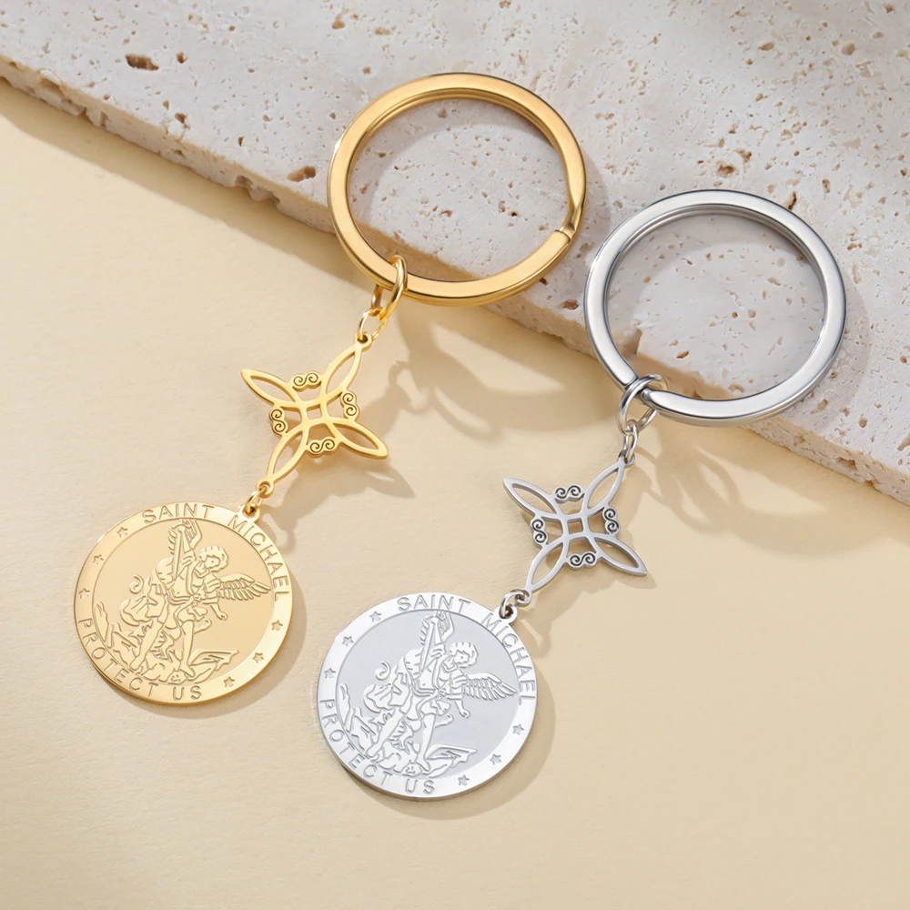 Dawapara Saint Michael Schlüsselanhänger Hexenknoten Doppelschutz Beten für uns Erzengel Religiöser Schmuck Edelstahl Schlüsselanhänger
