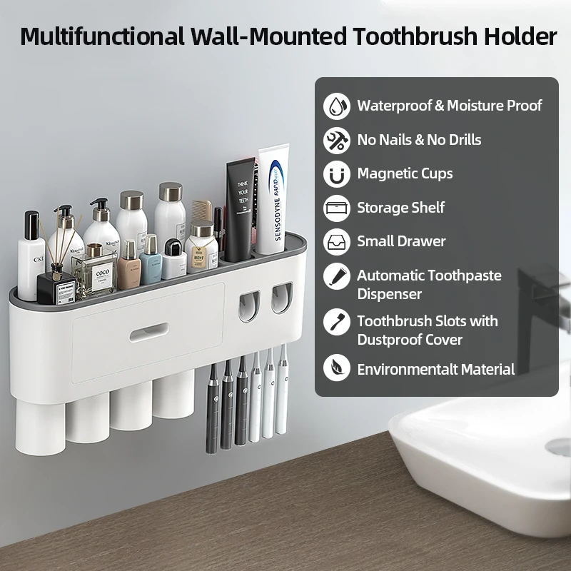 Toothpaste squeezer toothbrush holder toothpaste dispenser bathroom storage rack Bathroom Magnetic Adsorption Inverted Toothbrush Holder Wall-Automatic Toothpaste Squeezer Storage Rack Bathroom Accessories