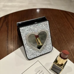 Glitter Leather Luxury Sparkling Rhinestones Phone Case with Shiny Diamond Heart Mirror - Galaxy Z Flip5 (White)