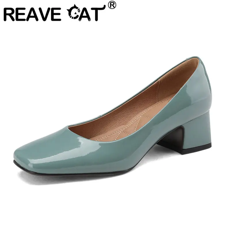 

REAVE CAT Genuine Leather Sheepskin Women Pumps Square Toe Block Heels 5cm Slip On Elegant Office Ladies Shoes Big Size 40 41 42