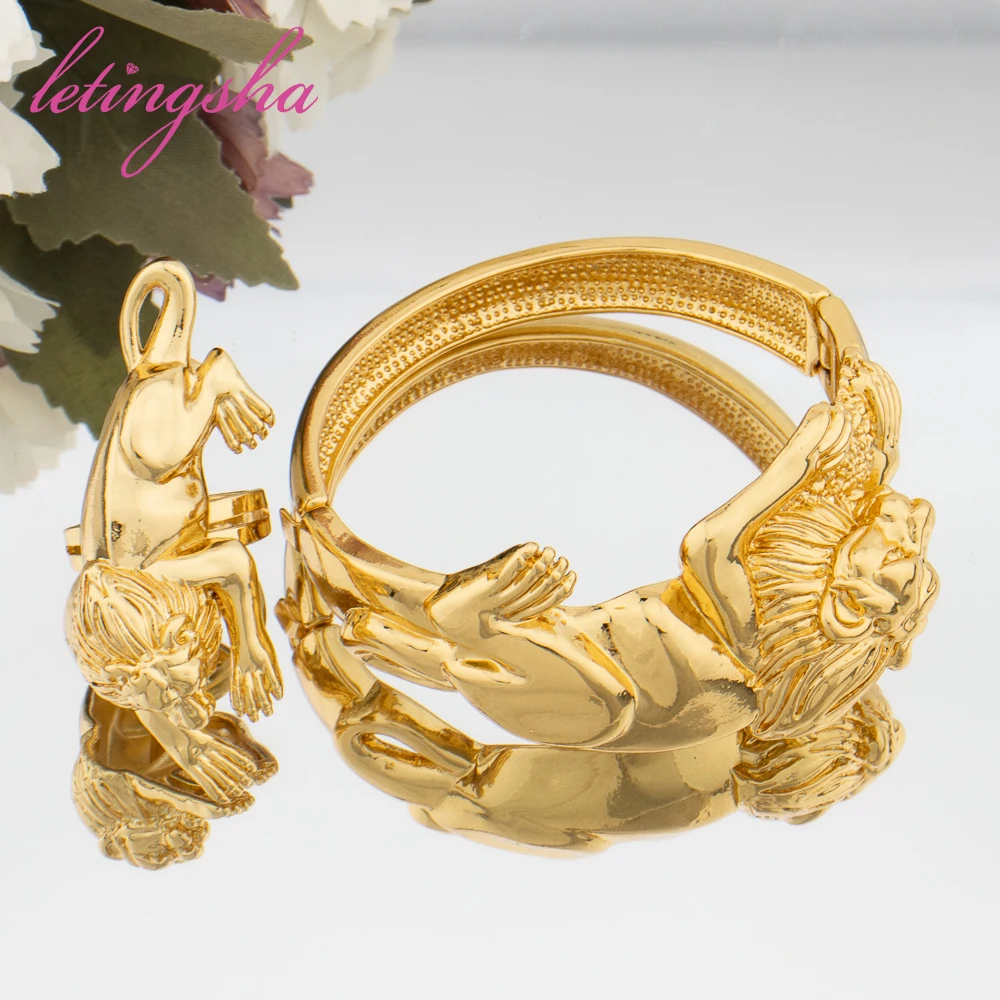 Gold Plated Leopard Bangles For Banquet Party Fashion Adjustable Ring 2pcs Jewelry Sets For Women Dubai Jewelry Accessories 6