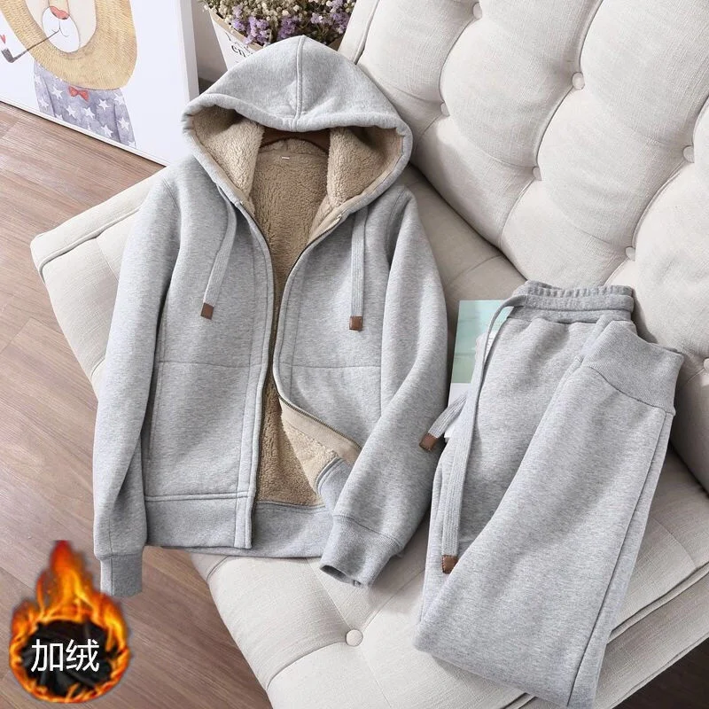 2023 New Sports  Leisure Set Women's Zipper Solid Coat Women's Autumn/Winter Korean Edition Student Plush Thickened Hoodie Set