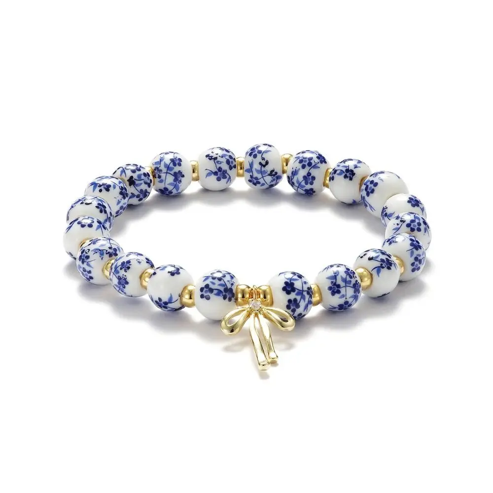 Elastic Blue and White Porcelain Bracelet Ceramics Metal Beads Beads Bracelets Vintage Antiquities New Chinese Style Bracelet
