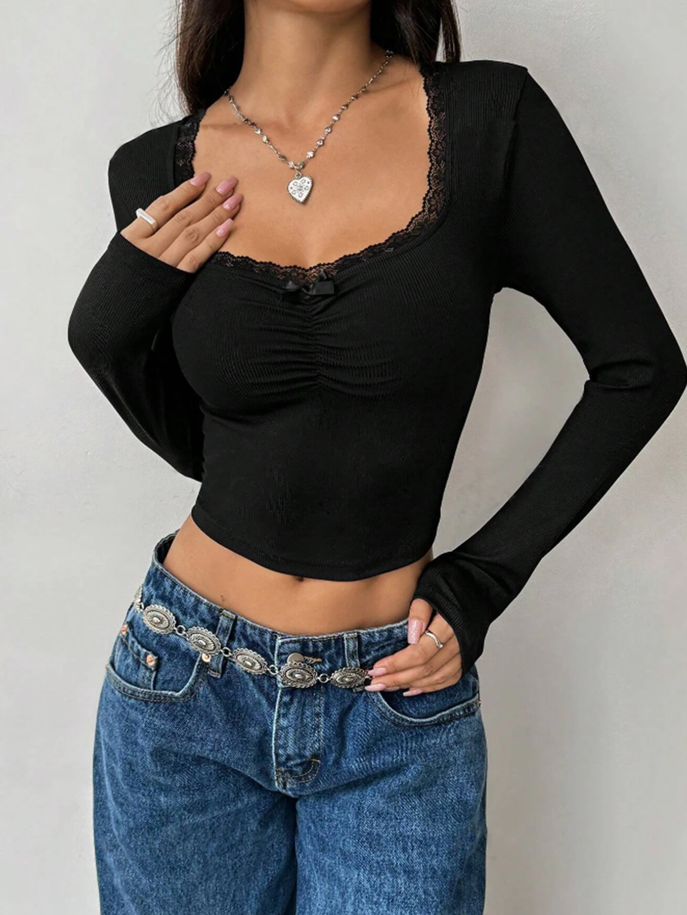 Fashion U-neck Lace Trim Bow Sexy T-shirt Cute Women Corset Autumn Long Sleeve Slim Baby Tees Black Streetwear Basic Y2k Clothes