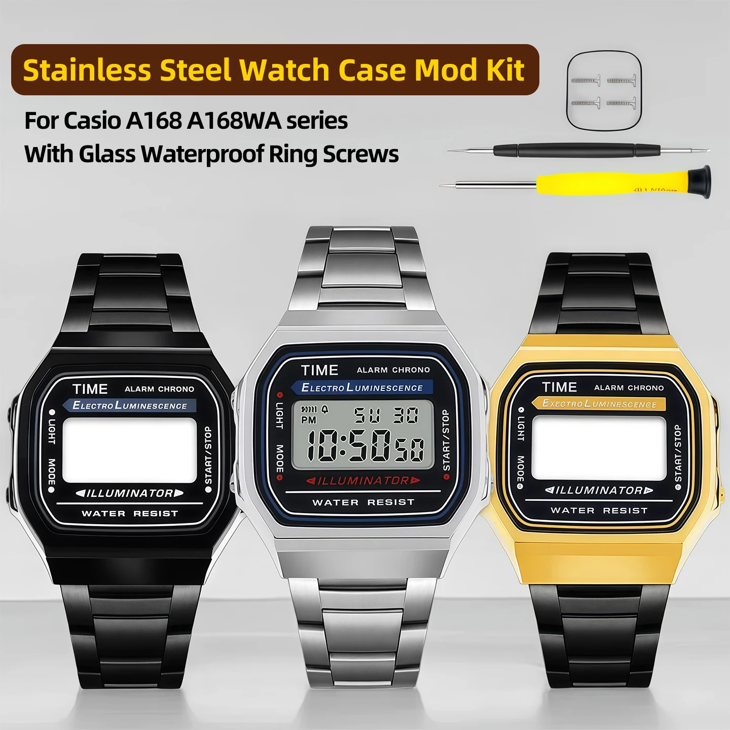 Premium Stainless Steel Watch Case Mod Kit with Glass Waterproof Ring and Screws - Full Metal Replacement Accessories