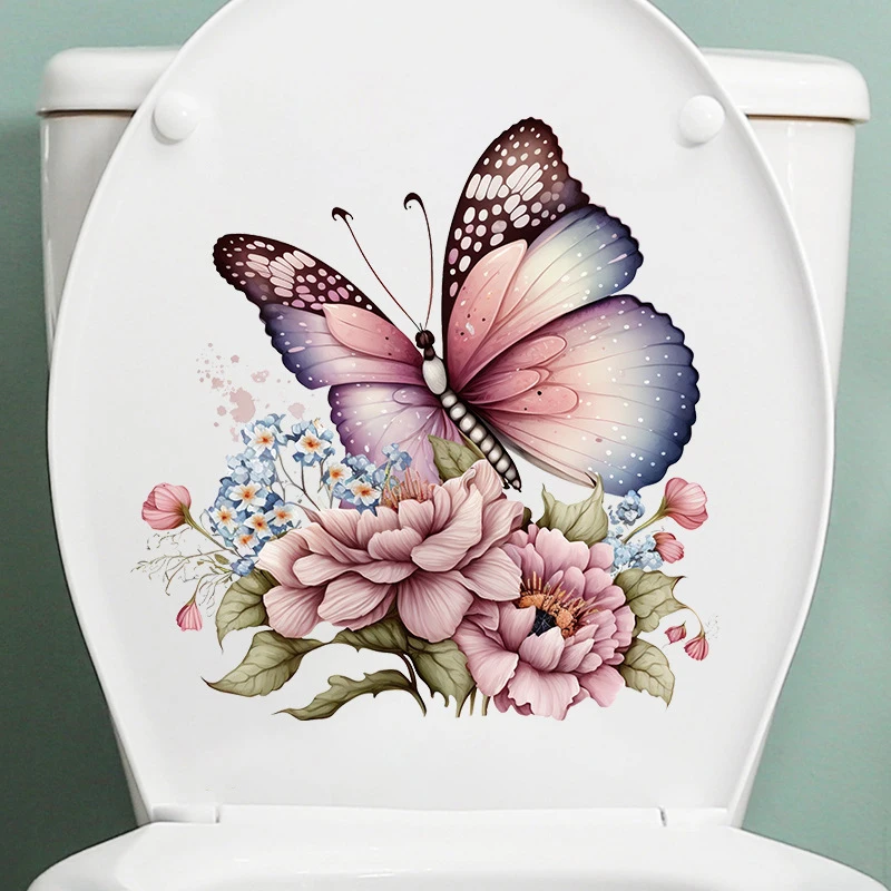 Butterflies Plants Flowers Toilet Stickers Waterproof Bathroom Toilet Decor Decals Living Room Cabinet Decor Self Adhesive Mural
