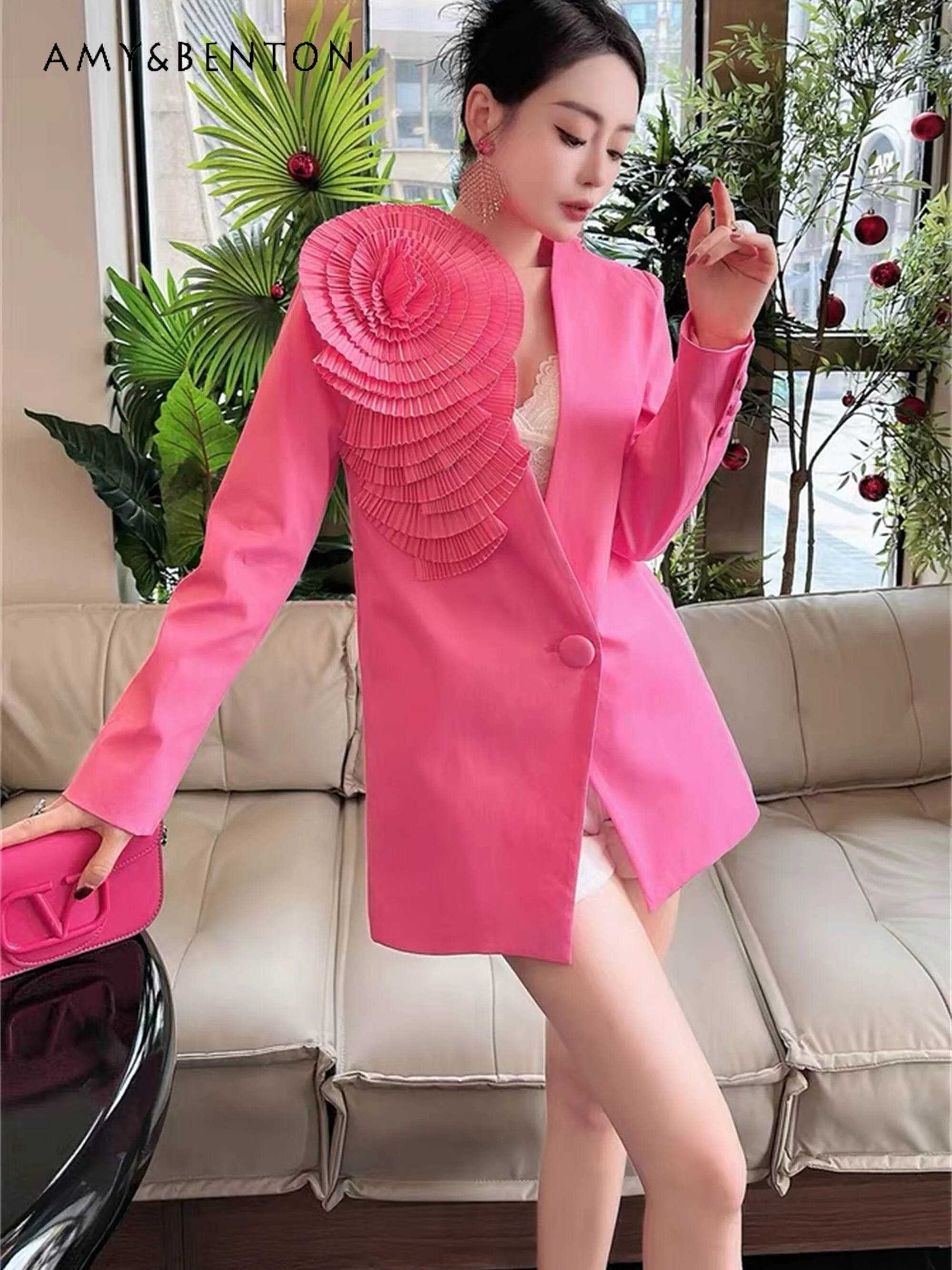 

Высококачественное элегантное трехмерное Плиссированное пальто с цветочным перекрестным воротником весенние элегантные универсальные приталенные модные куртки для женщин