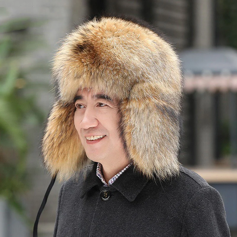 

Winter Men's Lei Feng Hat Fluffy Raccoon Dog Hair Thickened Leather Straw Hat Russian Outdoor Warm Ear Protection Hat New 2023