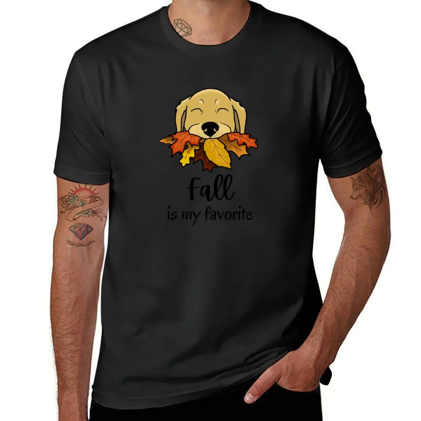 

Fall Is My Favorite, Dog Holding Leaves T-Shirt shirts graphic tees plus size tops tops t shirts men