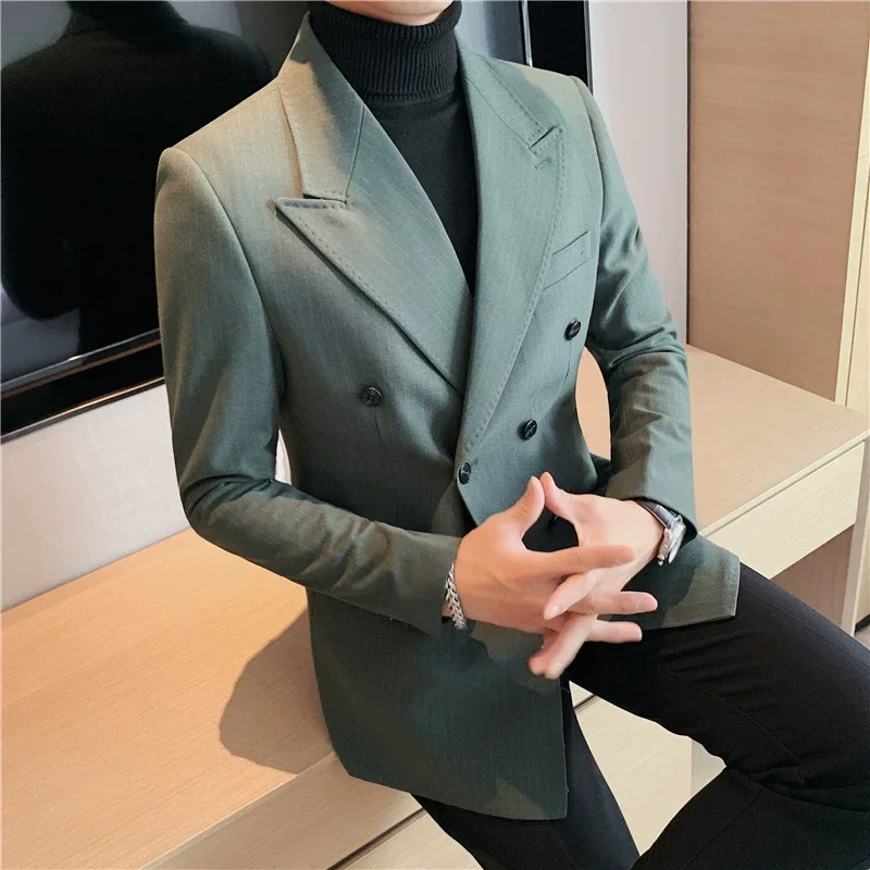 Men Suits Jackets British Style Men Stripe Slim Fit Double Breasted Blazer Jackets