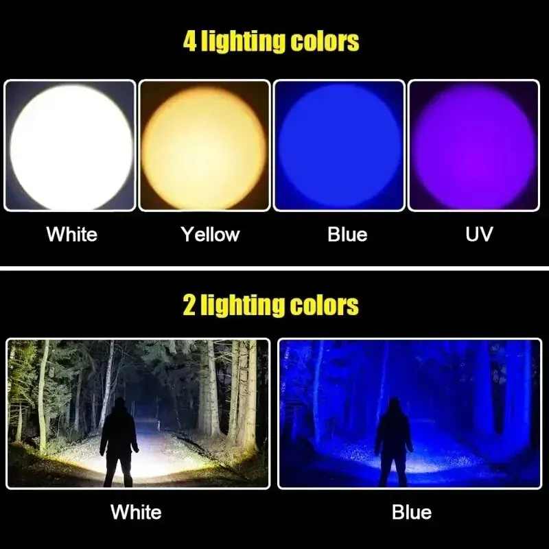 30W Super Bright Zoom Night Fishing Flashlight 5 Light Sources Blue UV White Yellow Light Hiking Emergency Light with Bracket