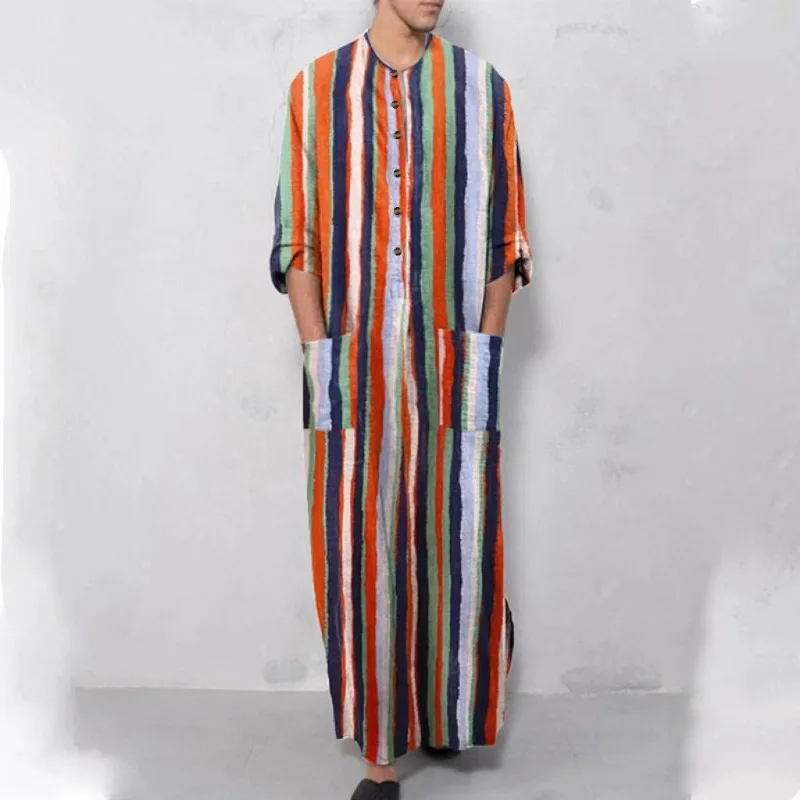 Men Sleepwear Nightgown Robe Arabian Striped Clothing Long Sleeve Shirt Vintage Homewear Cotton Bathrobe Plus Size Buttons New